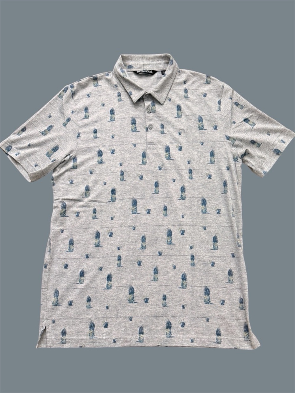 TravisMathew Polo Shirt Men’s L Gray Pineapple Tropical Print Golf Resort EUC